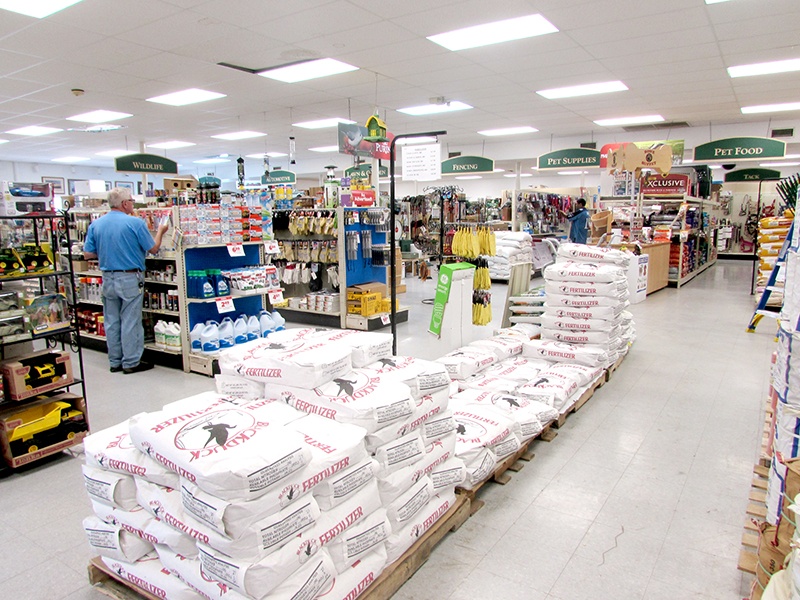 Country store pet food and supplies aisles